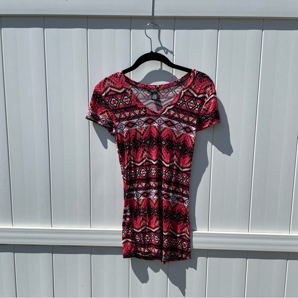 Vintage Rue21 Aztec Print Short Sleeve Shirt, Women's Size XS, Pink Orange White